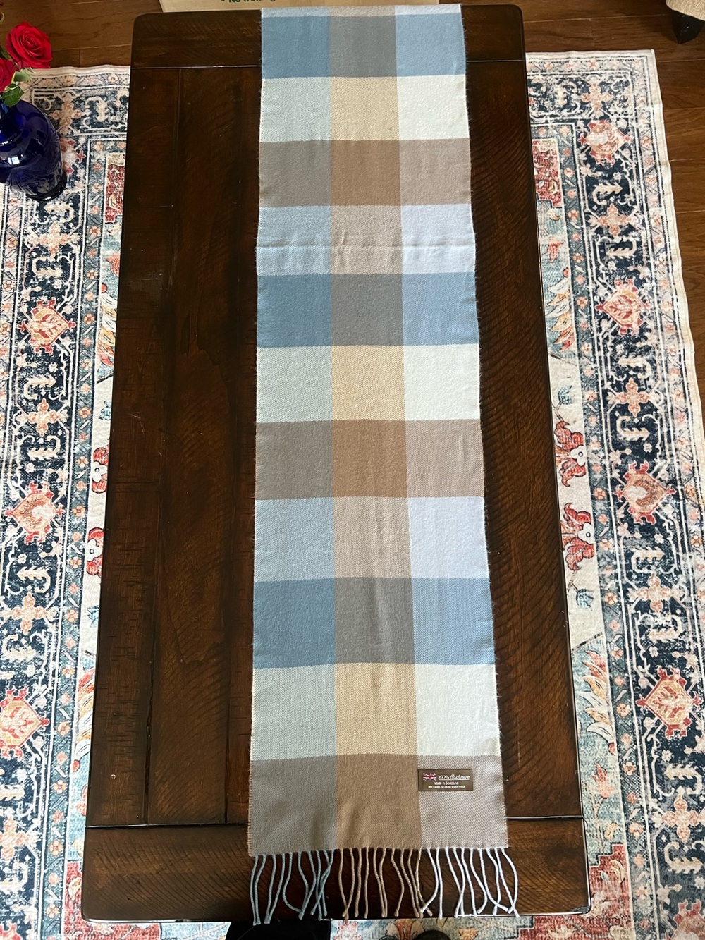 100% Cashmere Plaid Scarf Made in Scotland Blue Taupe Cream